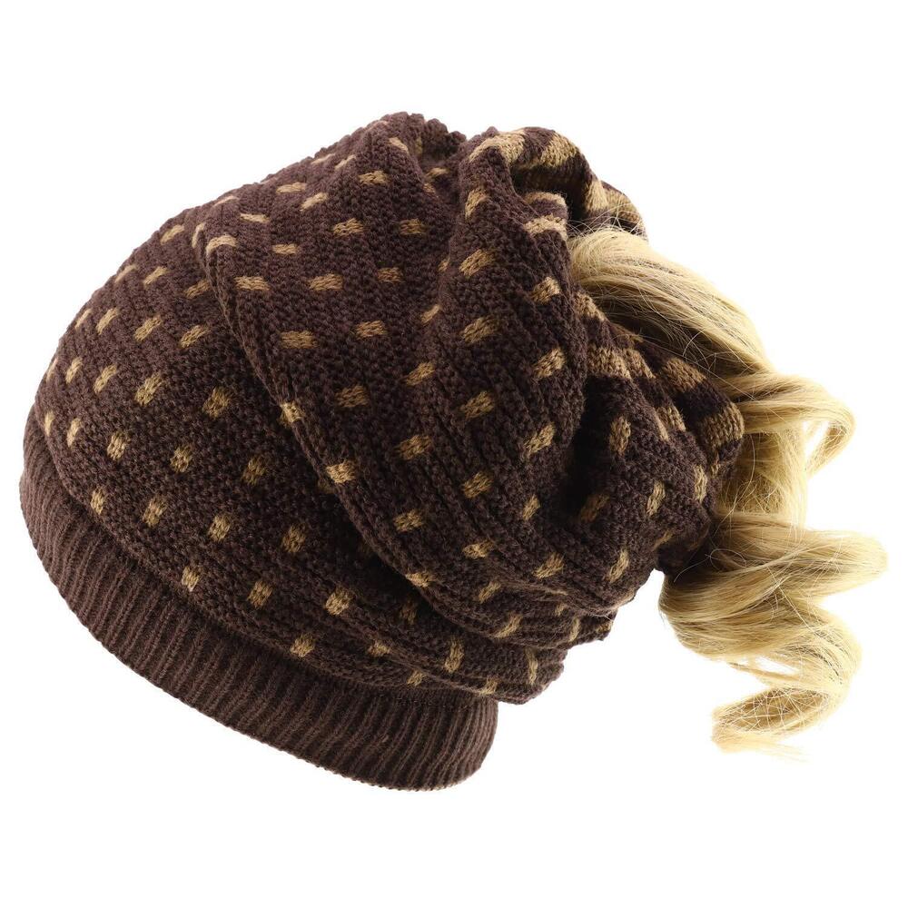 1651 Patterned Knit Slouchy Long Reversible Ponytail Beanie - Brown Dot
